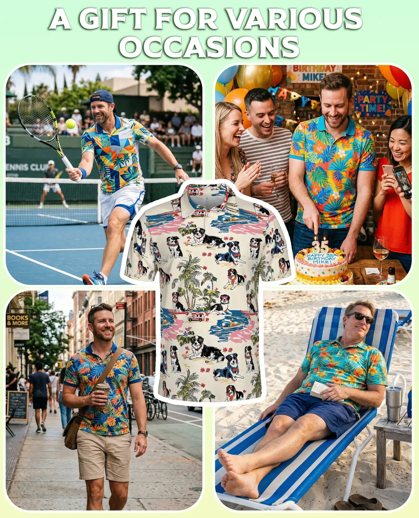 Border Collie Hawaiian 3D Polo Shirt for Men – Tropical Dog Beach Style | Azhobbyshop