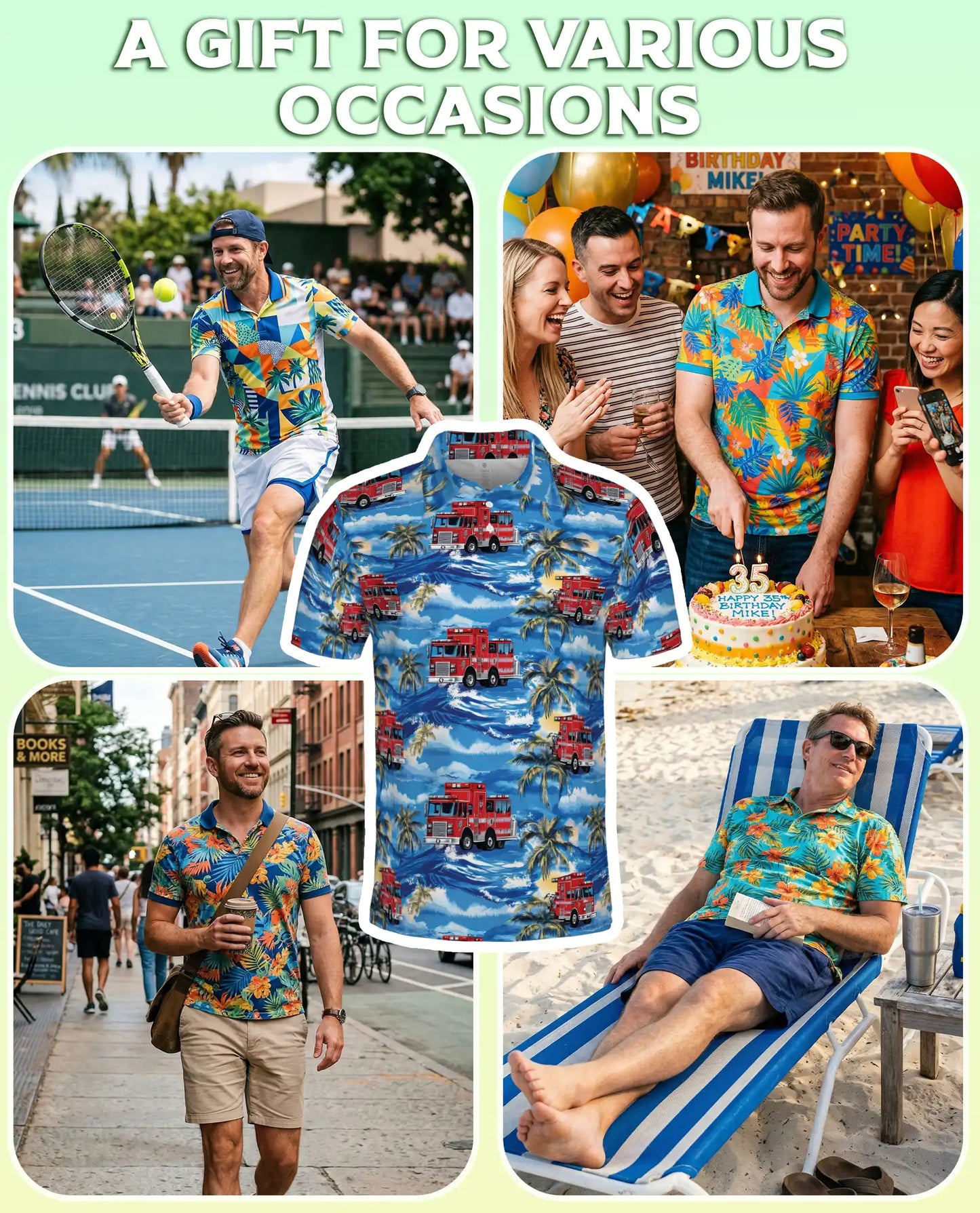 Fire Truck Hawaiian 3D Polo Shirt for Men – Tropical Firefighter Style | Azhobbyshop