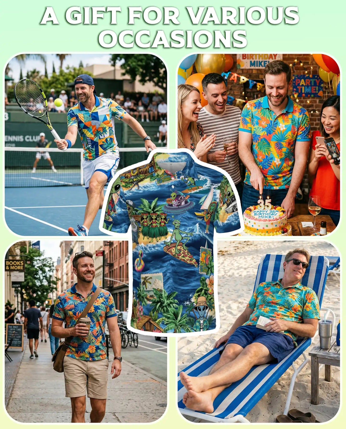 Funny Alien Hawaiian Polo Shirt- Tropical Beach Vacation Style | Azhobbyshop