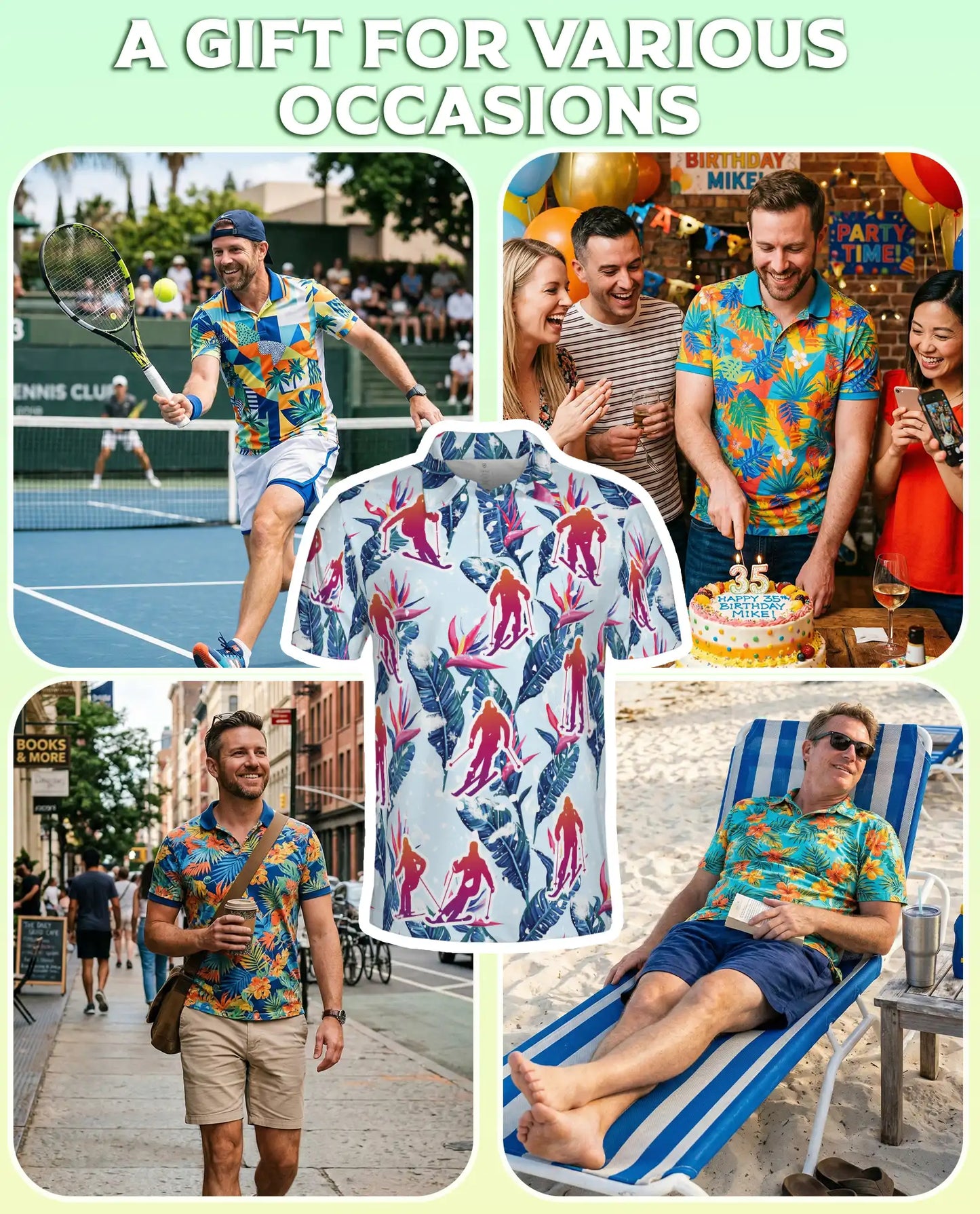Skiing Tropical 3D Polo Shirt for Men – Floral Winter Vacation Style | Azhobbyshop