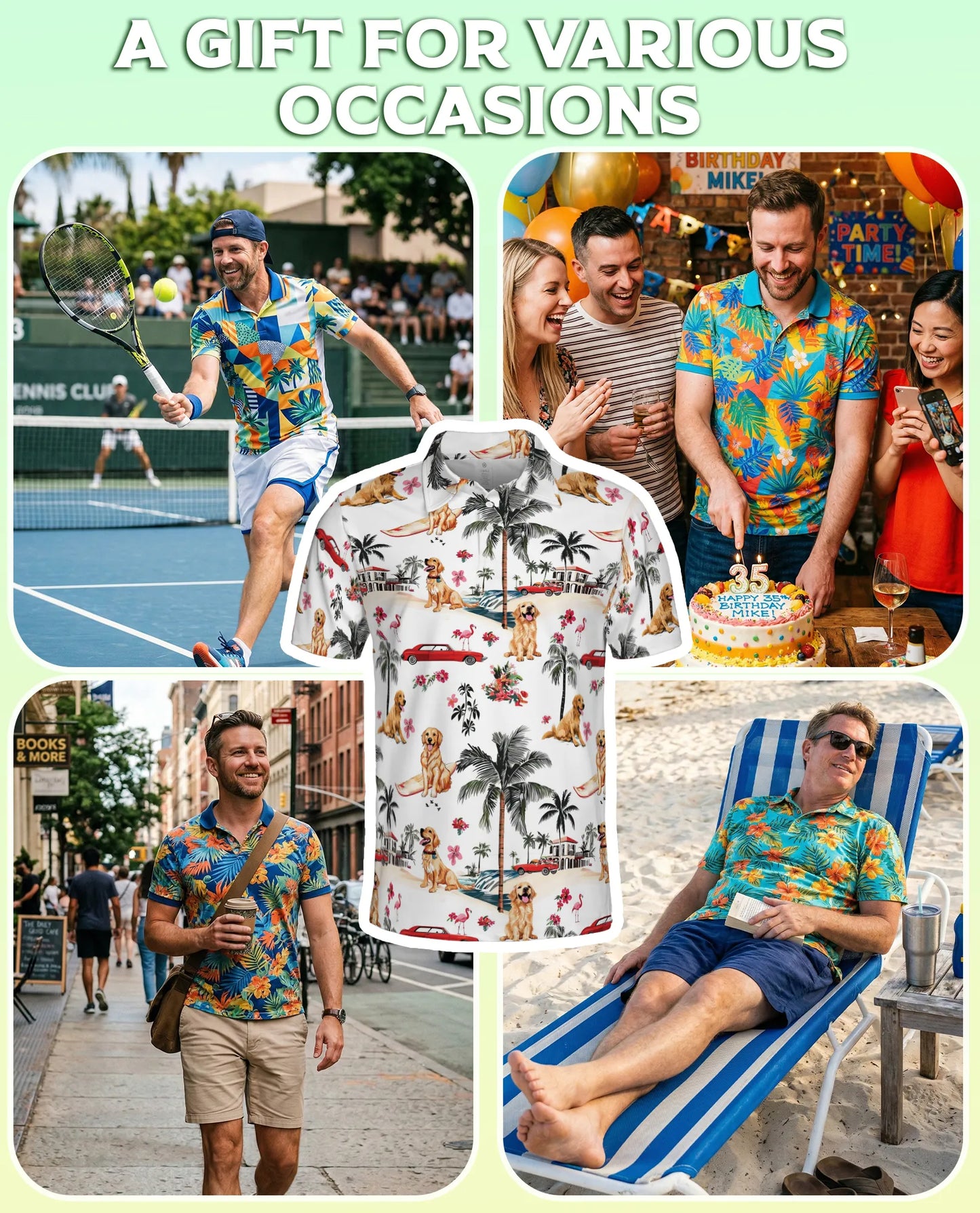 Golden Retriever Hawaiian 3D Polo Shirt for Men – Tropical Dog Beach Style | Azhobbyshop
