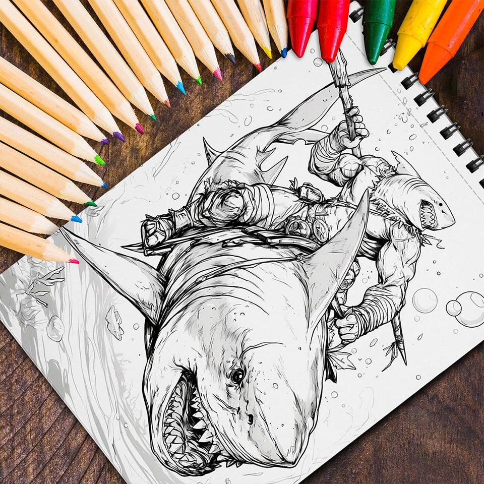 MOTAVYN Shark Warrior Spiral Coloring Book for Adults