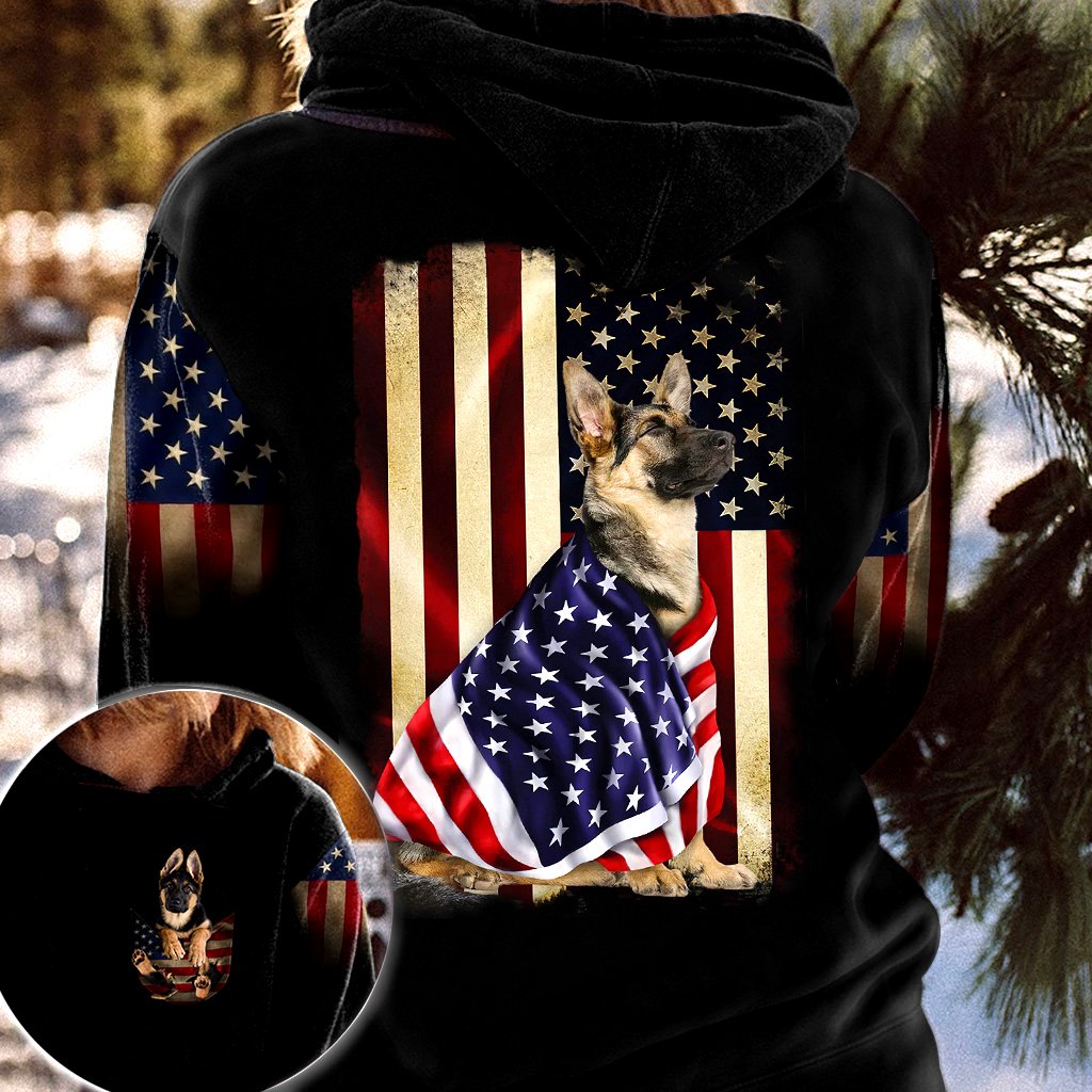 German Shepherd American Patriot Flag All Over Gift Print Unisex Hoodie Dog Lover Gifts