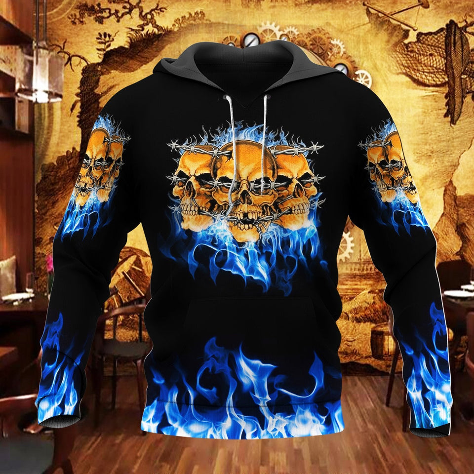 Unisex Hoodie All Over Print Skull Gifts Blue Fire Warrior Skull Unisex Hoodie