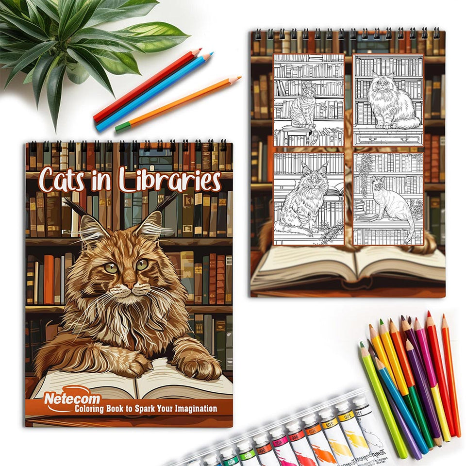 Netecom Cats in Libraries Spiral Coloring Book for Adults