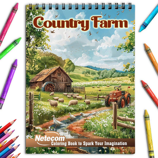 Netecom Country Farm Coloring Book for Adults, Spiral Bound, Soft Cover