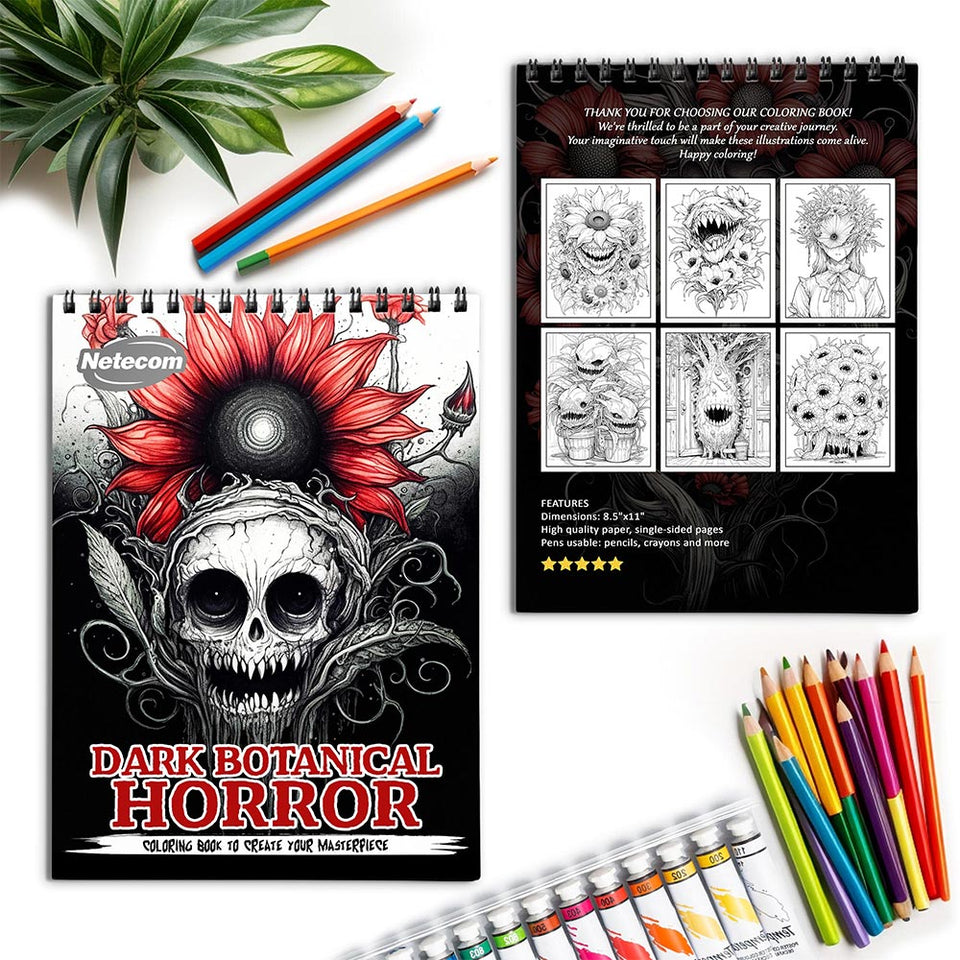 Netecom Dark Botanical Horror Spiral Coloring Book for Adults