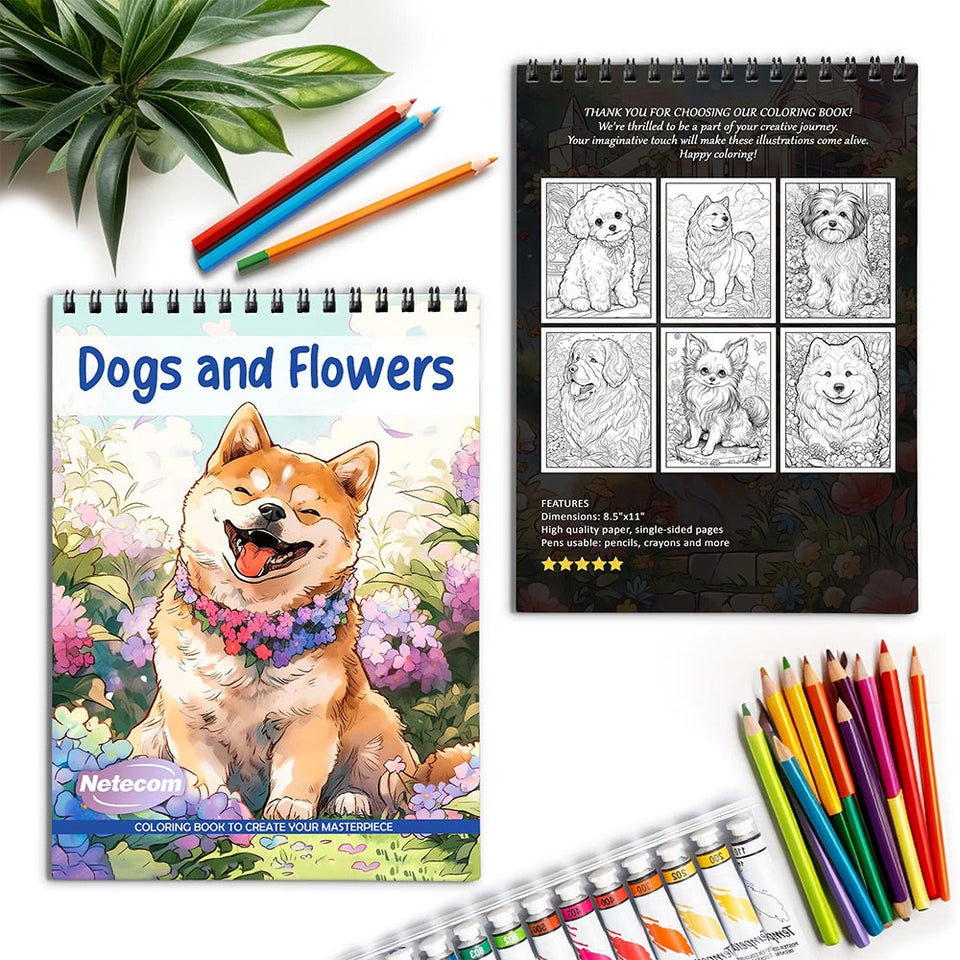 Netecom Dogs and Flowers Spiral Coloring Book for Adults