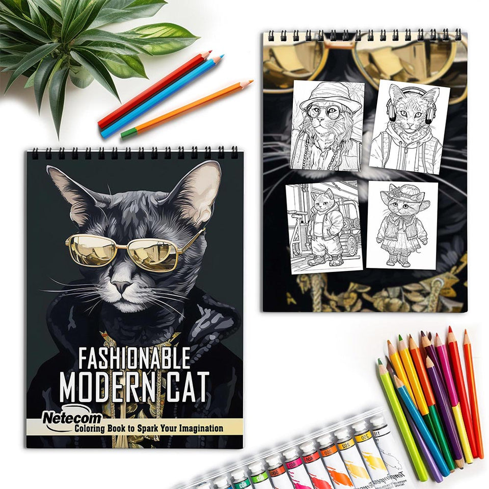 Netecom Fashionable Modern Cat Spiral Coloring Book for Adults