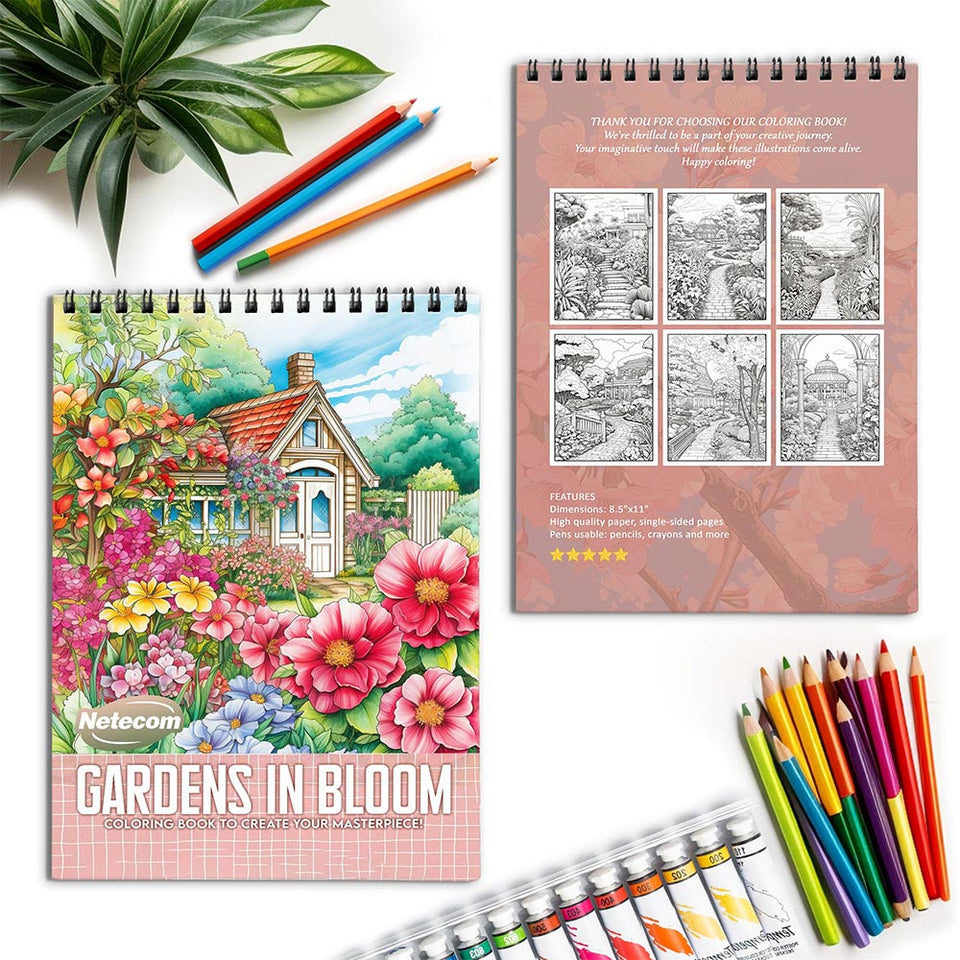 Netecom Gardens in Bloom Spiral Coloring Book for Adults