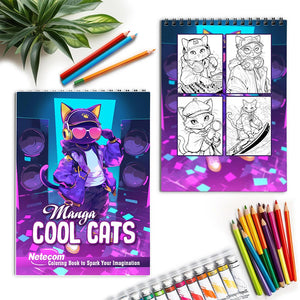 Netecom Manga Cool Cats Spiral Coloring Book for Adults