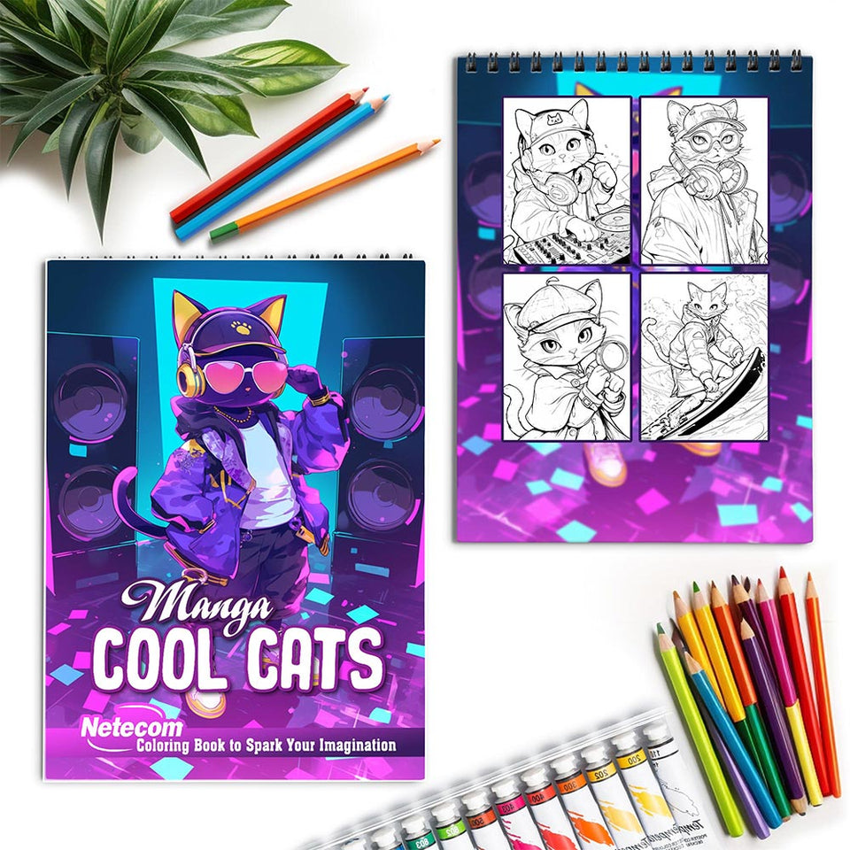 Netecom Manga Cool Cats Spiral Coloring Book for Adults