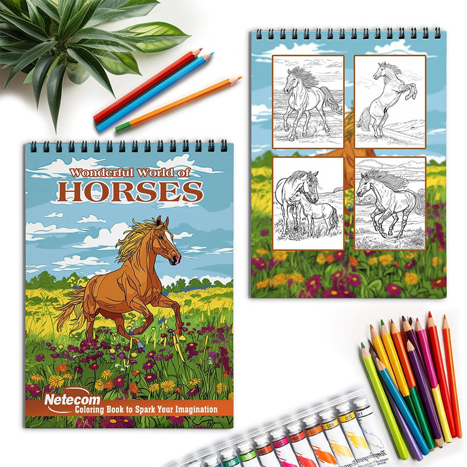 Netecom Wonderful World of Horses Spiral Coloring Book for Adults