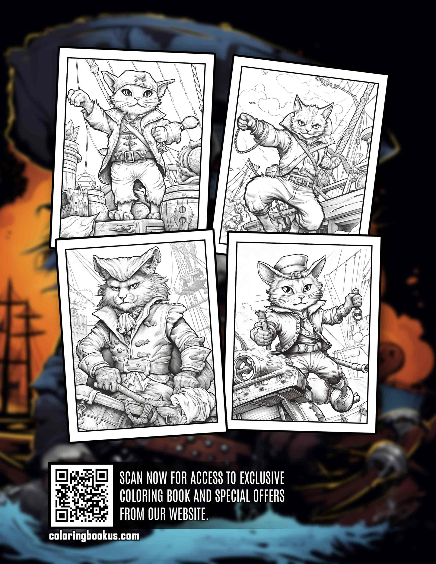 Pirate Cat 30 Pages Printable Coloring Book