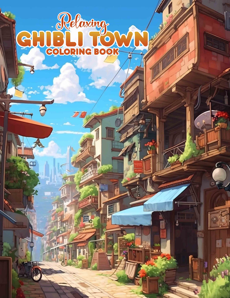 Relaxing Ghibli Town 30 Pages Printable Coloring Book