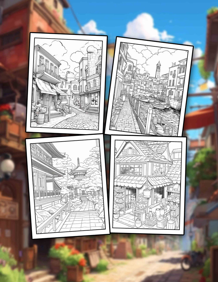 Relaxing Ghibli Town 30 Pages Printable Coloring Book