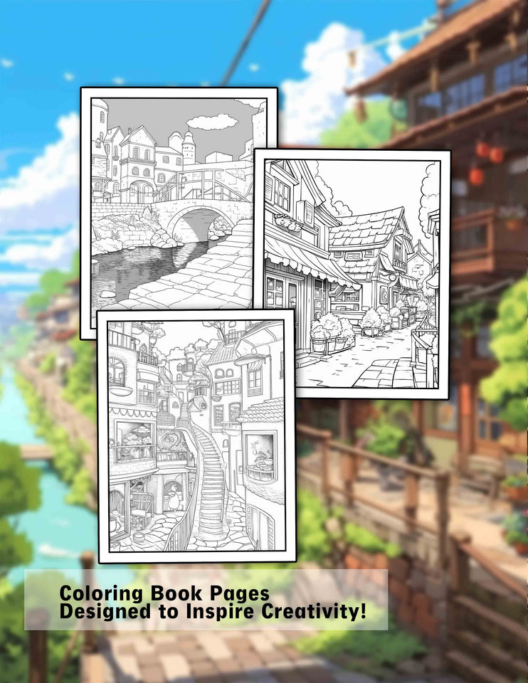 Relaxing Ghibli Town 30 Pages Printable Coloring Book