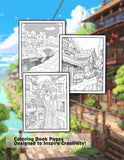 Relaxing Ghibli Town 30 Pages Printable Coloring Book