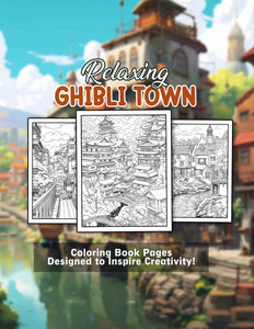 Relaxing Ghibli Town 30 Pages Printable Coloring Book