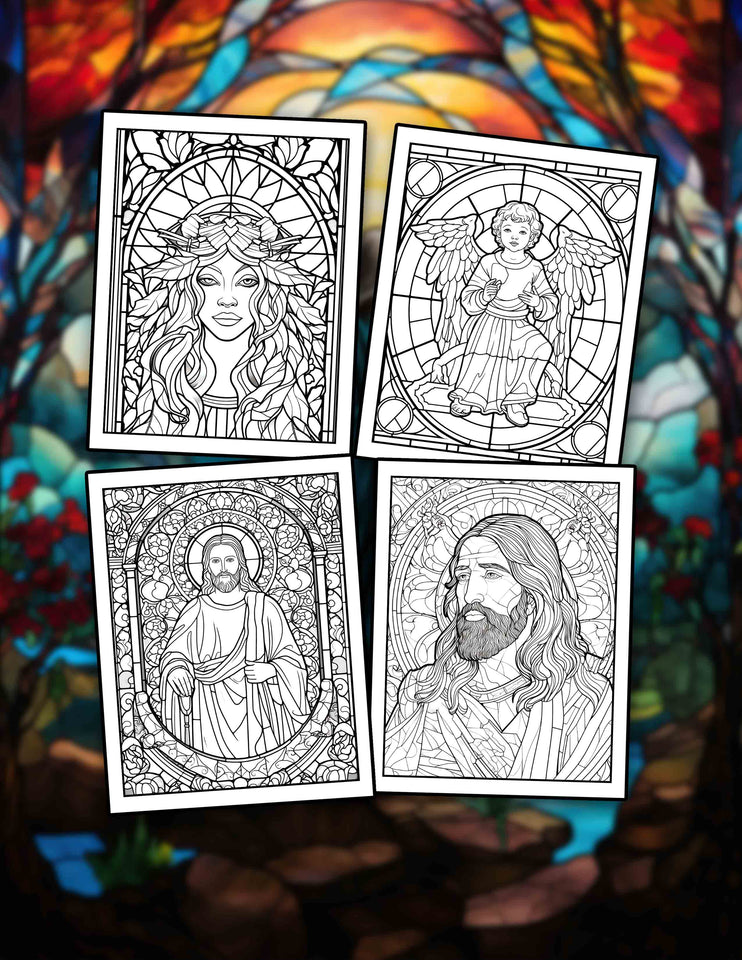 Religious Stained Glass 30 Pages Printable Coloring Book