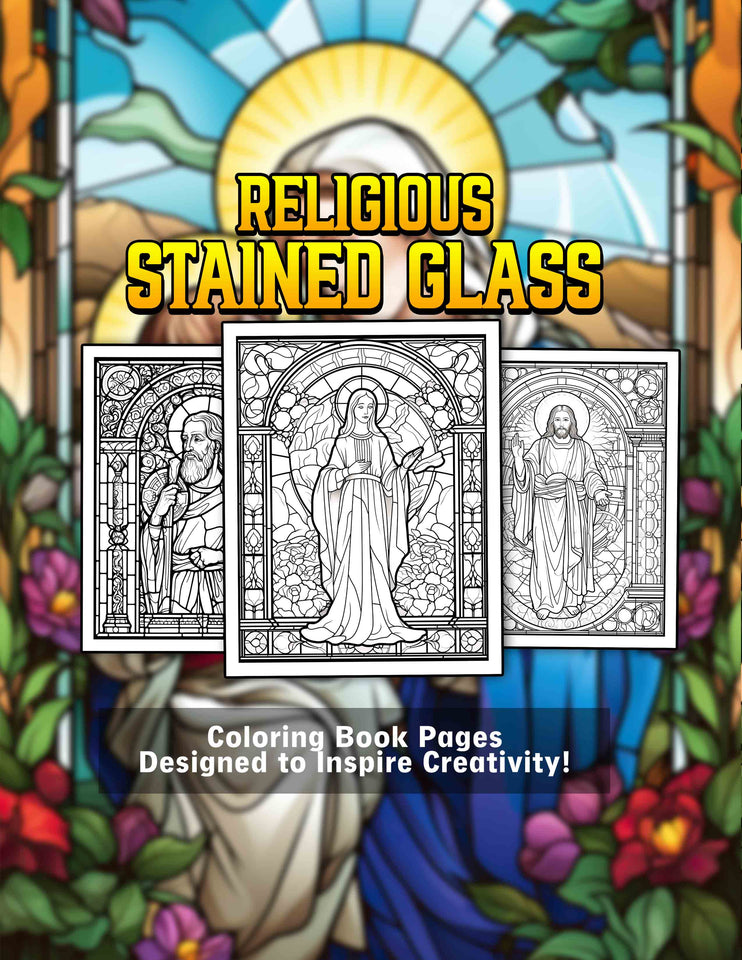 Religious Stained Glass 30 Pages Printable Coloring Book