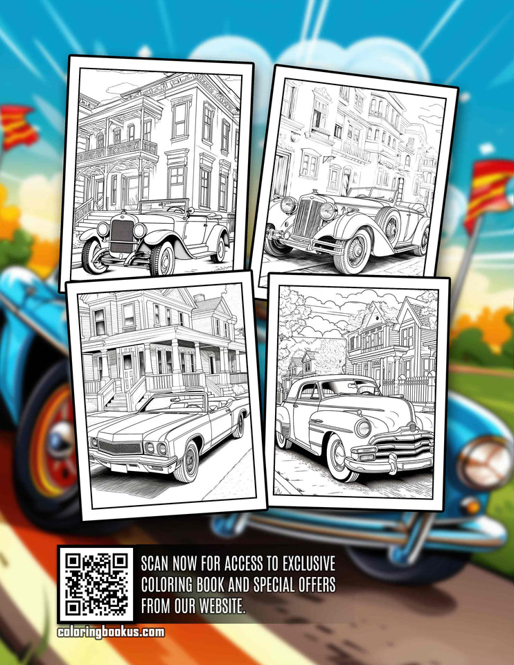 Retro Cars 30 Pages Printable Coloring Book