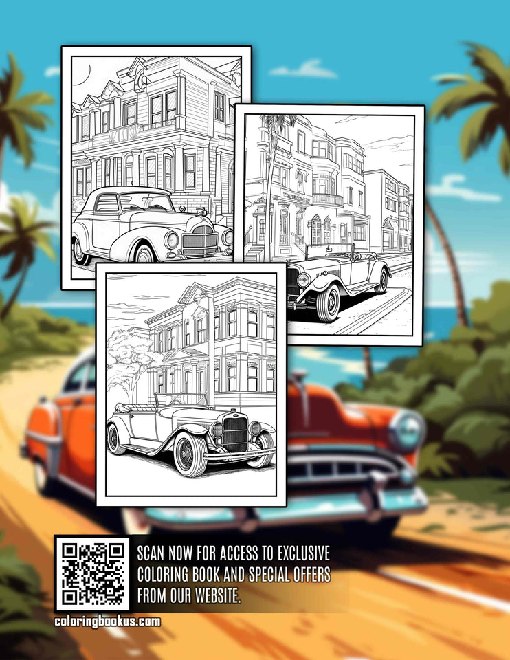 Retro Cars 30 Pages Printable Coloring Book