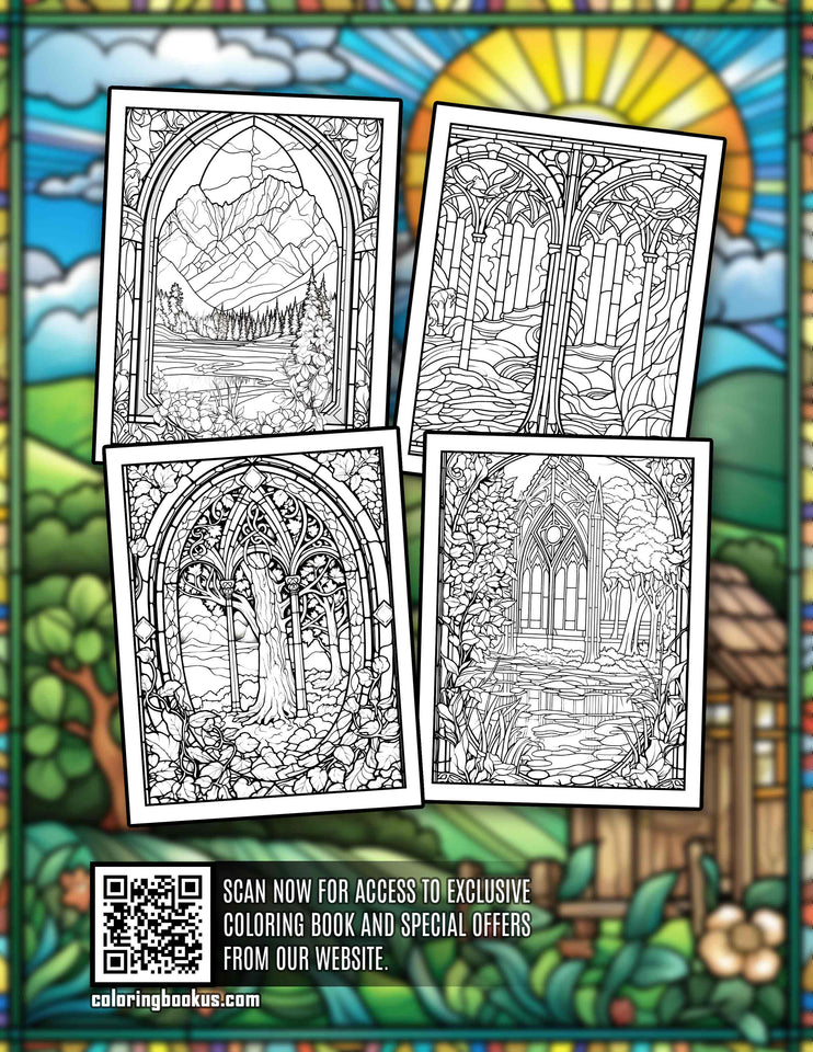 Stained Glass Landscape 30 Pages Printable Coloring Book