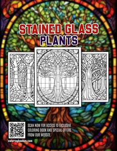 Stained Glass Plants 30 Pages Printable Coloring Book