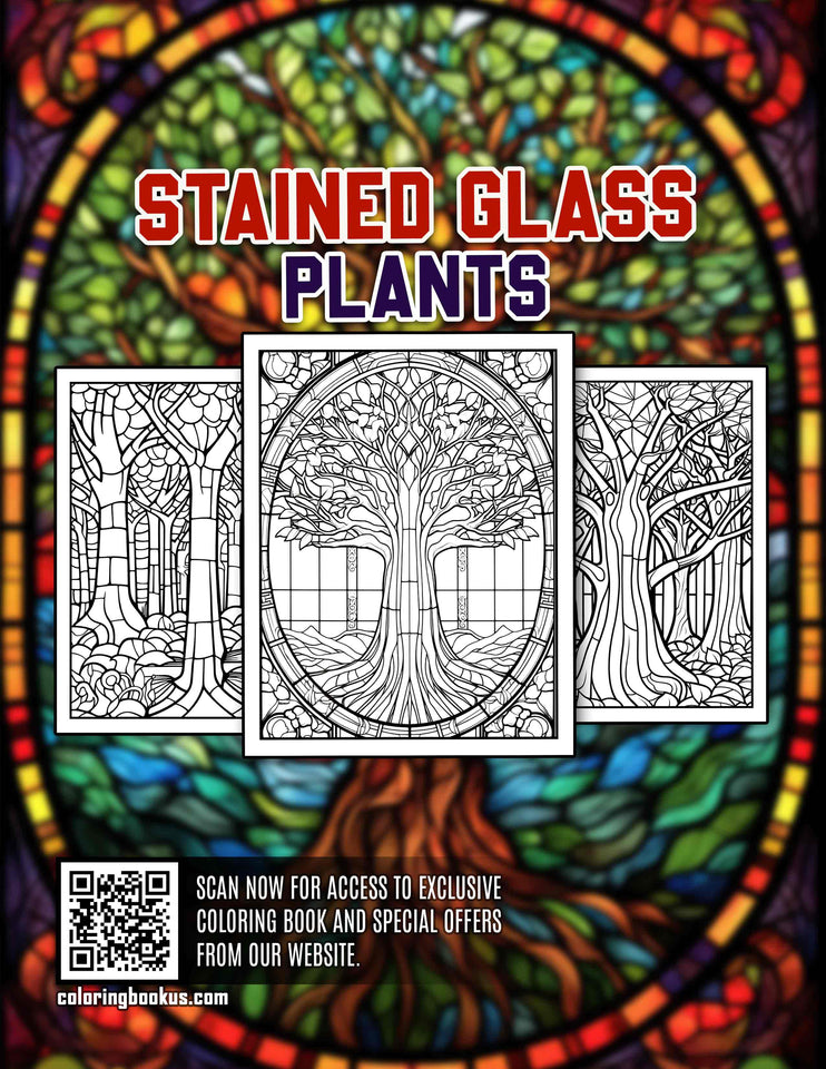 Stained Glass Plants 30 Pages Printable Coloring Book