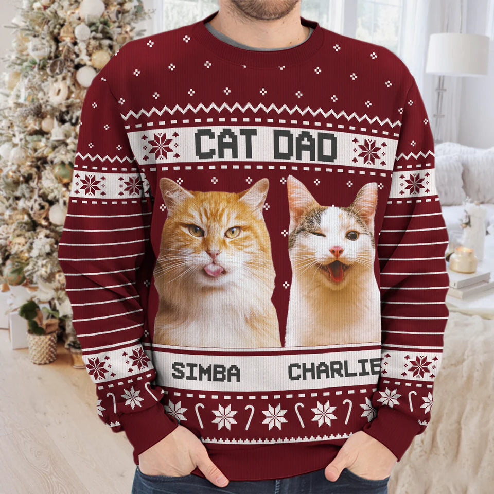 Custom Photo World's Best Cat Dad - Cat Personalized Custom Ugly Sweatshirt - Christmas Gift For Pet Owners, Pet Lovers