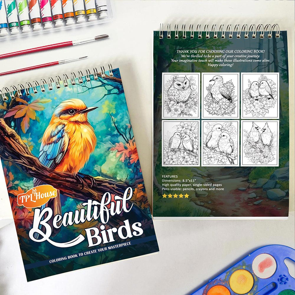 TPLHOUSE Beautiful Birds Spiral Coloring Book for Adult