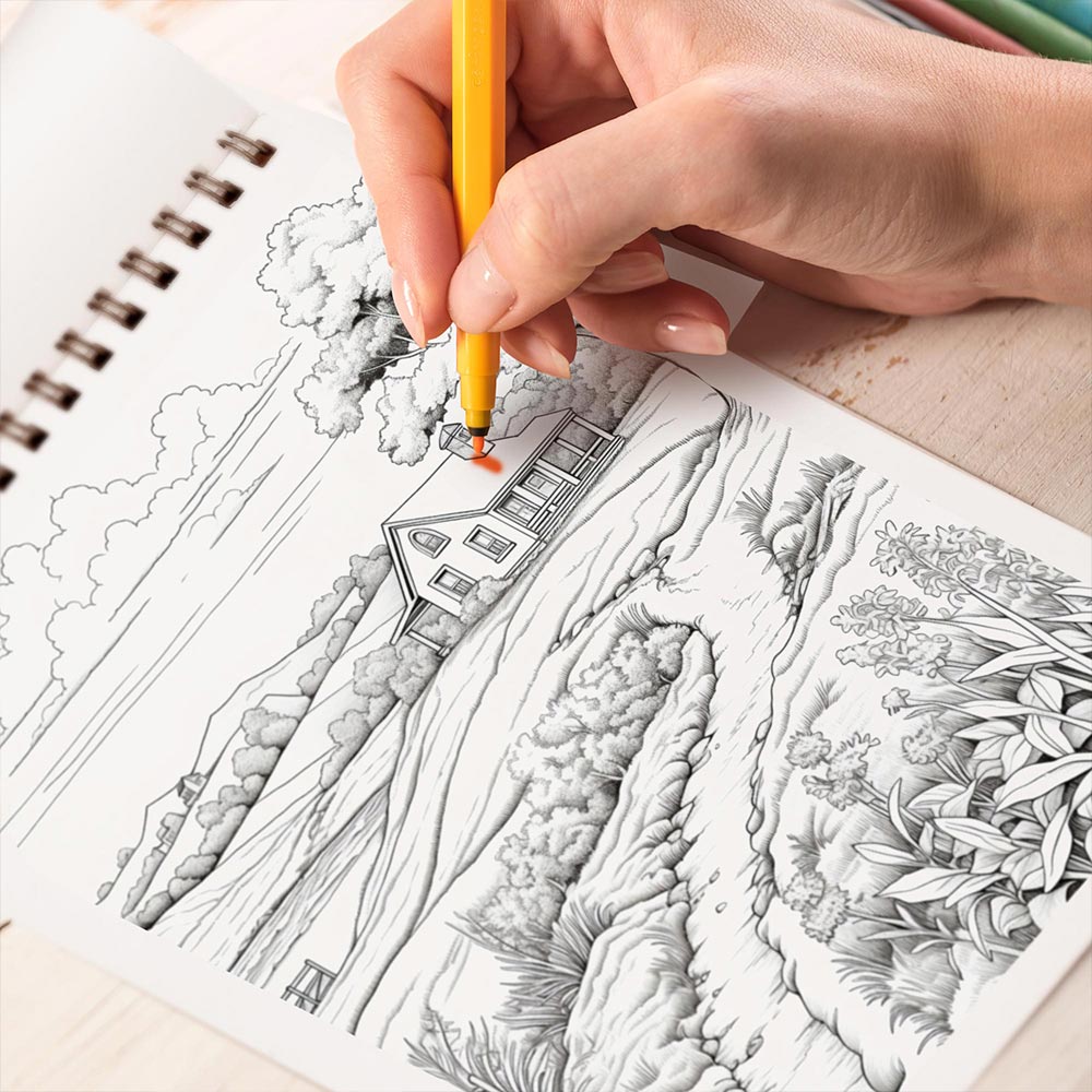TPLHOUSE Countryside Scenes Coloring Book Spiral Bound for Adult