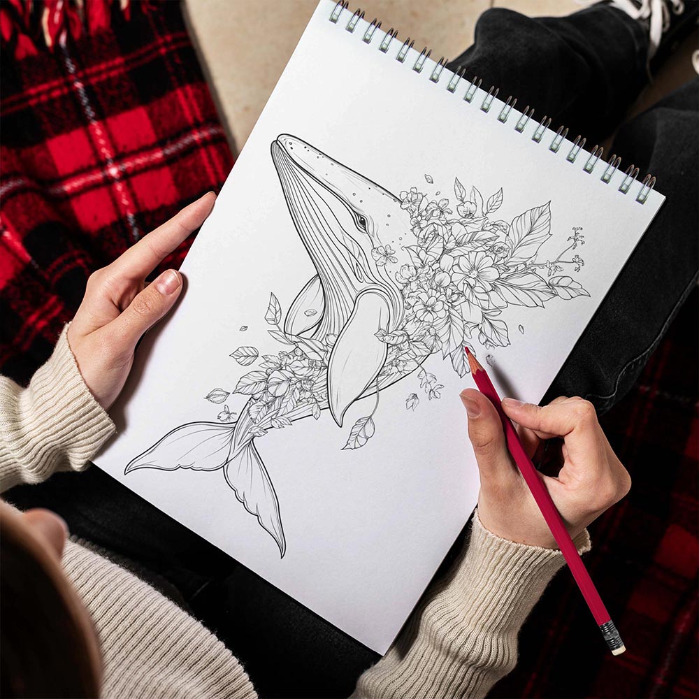 TPLHOUSE Floral Whale Spiral Bound Coloring Book for Adults