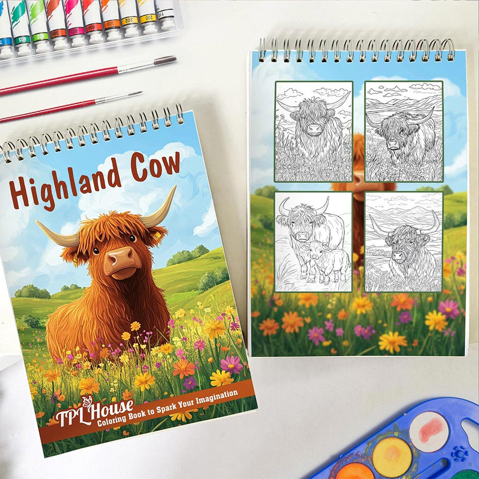 TPLHOUSE Highland Cow Spiral Coloring Book for Adults