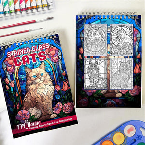 TPLHOUSE Stained Glass Cats Spiral Coloring Book for Adults