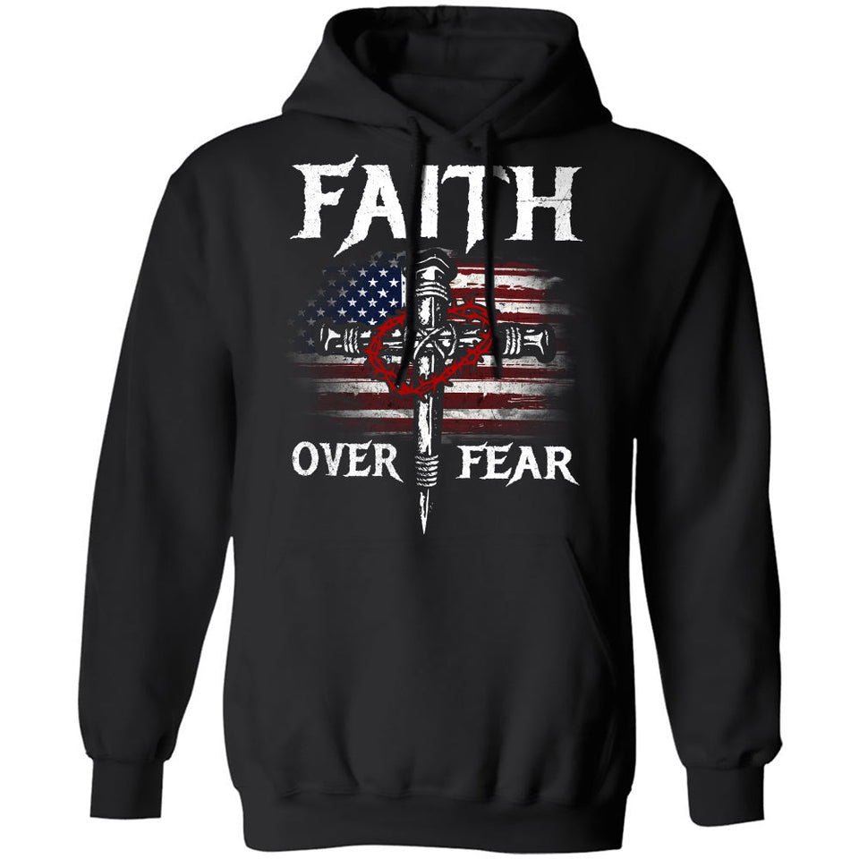 American flag, cross, amazing crown - Faith over Fear Jesus Apparel