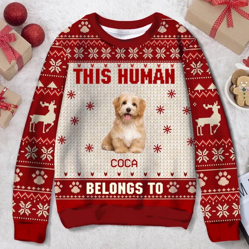 Personalized Christmas Custom Pet Mom/Dad Ugly Christmas Sweater, Pet Upload Photo, Christmas Gift Idea For Dog/Cat Lovers, This Dog Mom Belongs To