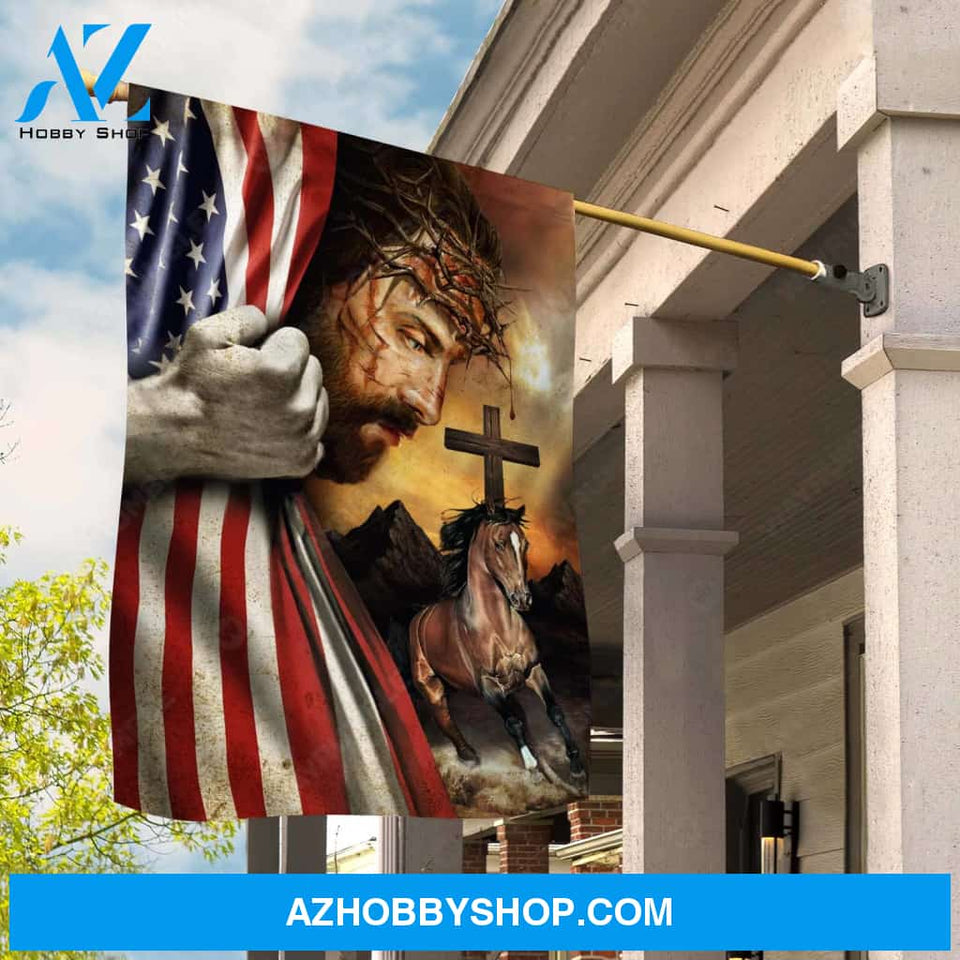Abstract Jesus painting, American flag, Brown horse, Wooden cross - Jesus Flag