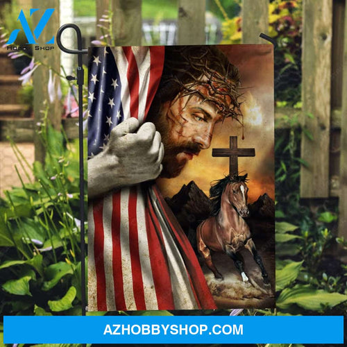Abstract Jesus painting, American flag, Brown horse, Wooden cross - Jesus Flag