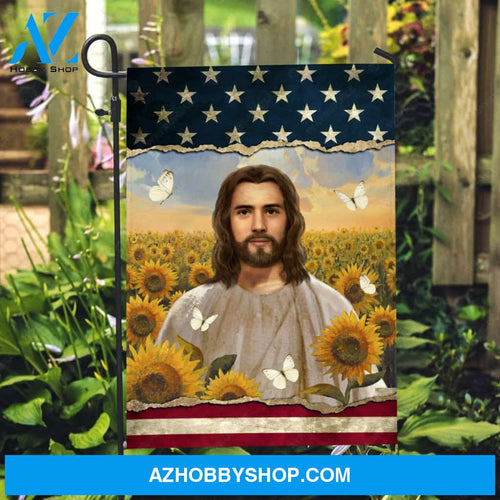 Abstract Jesus painting, Sunflower field, White butterfly, American flag, Religious gift - Jesus Flag