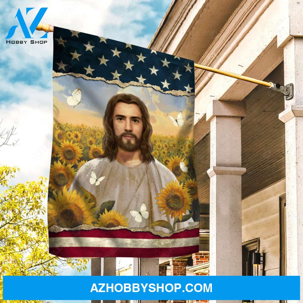 Abstract Jesus painting, Sunflower field, White butterfly, American flag, Religious gift - Jesus Flag
