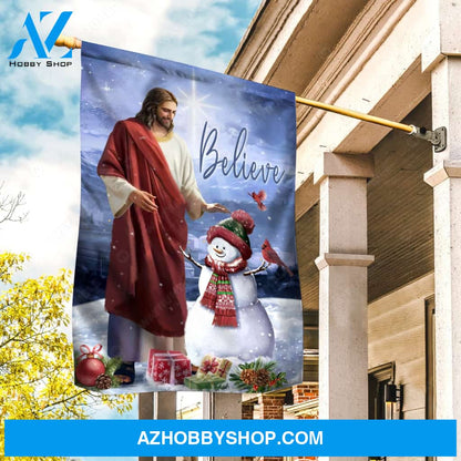 Adorable snowman, Christmas eve, Jesus painting, Star of Bethlehem, Believe - Jesus Flag