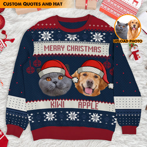 Merry Christmas Pet Photo Ugly Christmas Sweatshirt - Christmas Gift For Pet Lovers, Pet Lovers