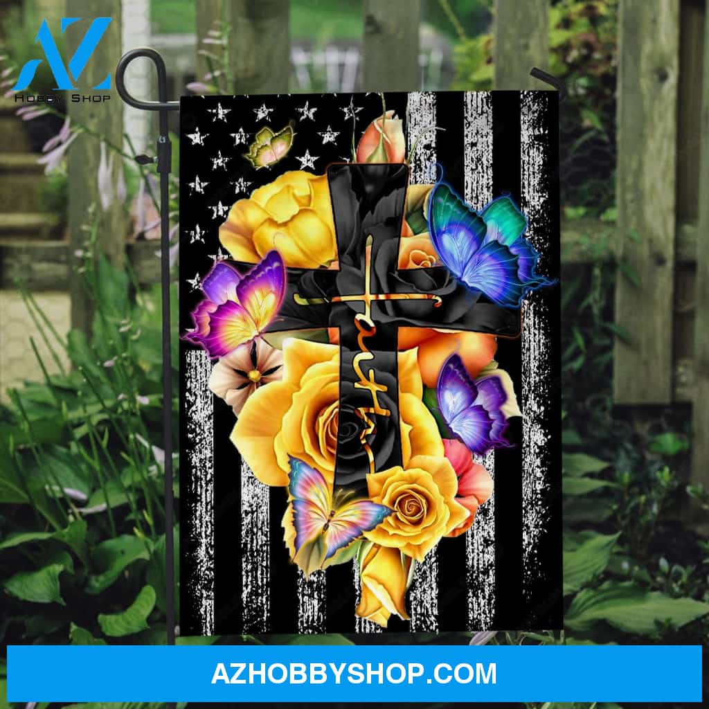 Amazing flower vase, Yellow rose, Black cross, Faith - Jesus Flag