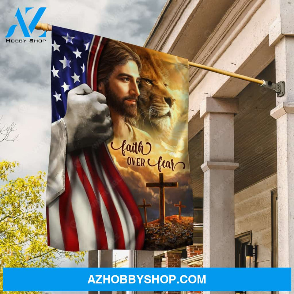 Amazing Jesus painting, Lion of Judah, Light cross, US flag, Faith over fear - Jesus Flag