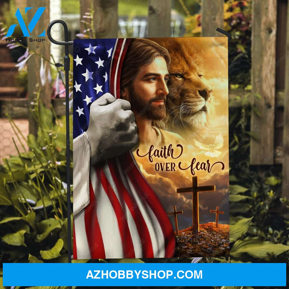 Amazing Jesus painting, Lion of Judah, Light cross, US flag, Faith over fear - Jesus Flag
