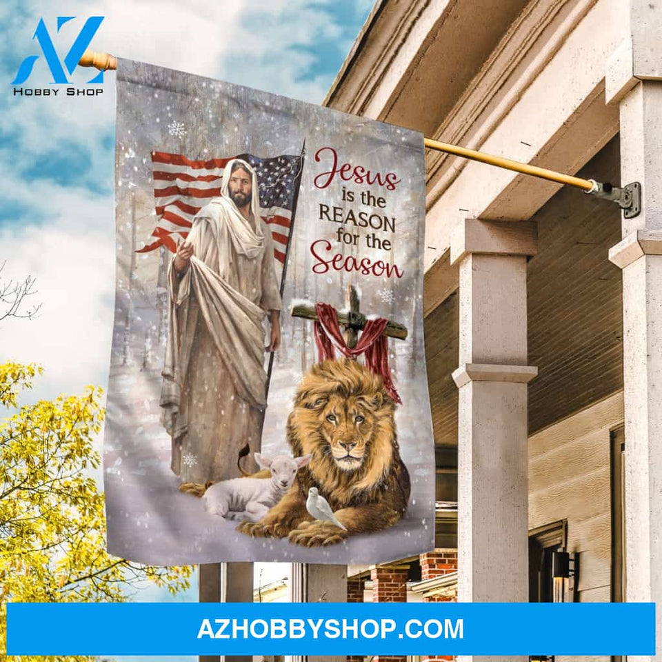 Amazing lion, Winter painting, White lamb, Jesus is the reason for the season - Jesus Flag