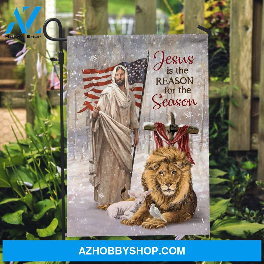 Amazing lion, Winter painting, White lamb, Jesus is the reason for the season - Jesus Flag