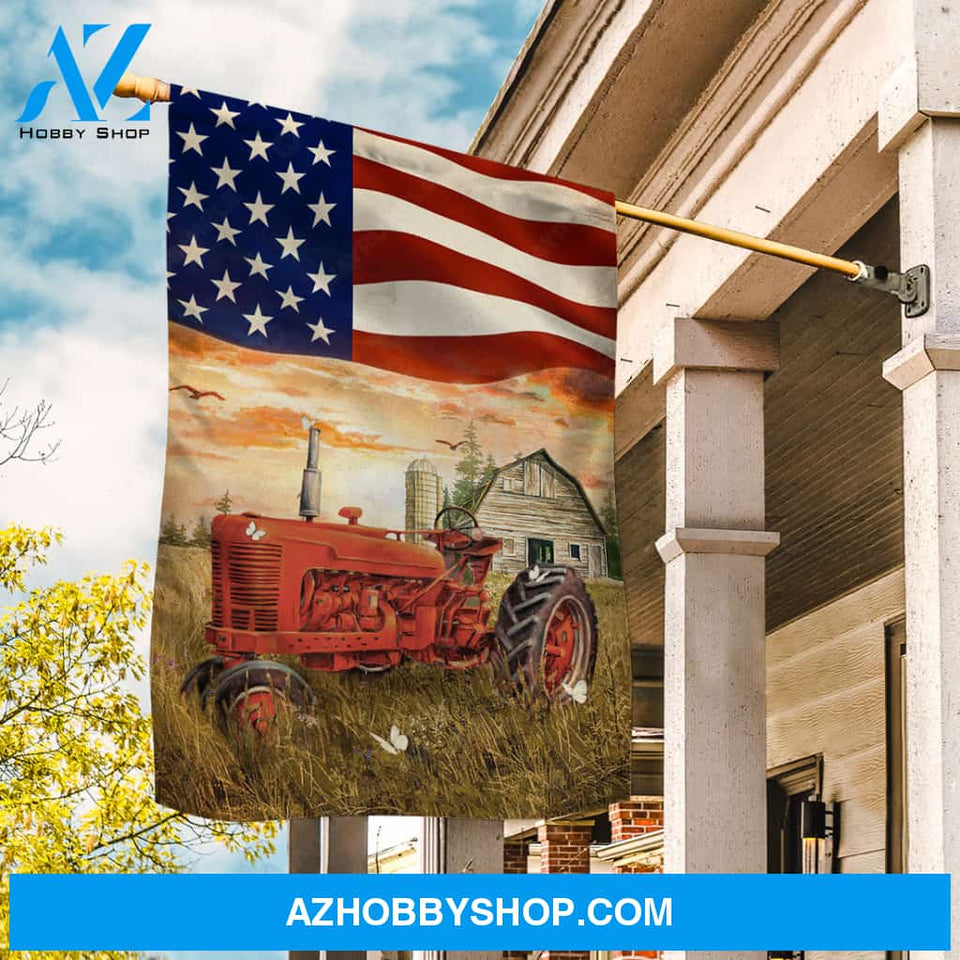 Amazing tractor, Rice field, Beautiful US flag, Orange sunset - Jesus Flag